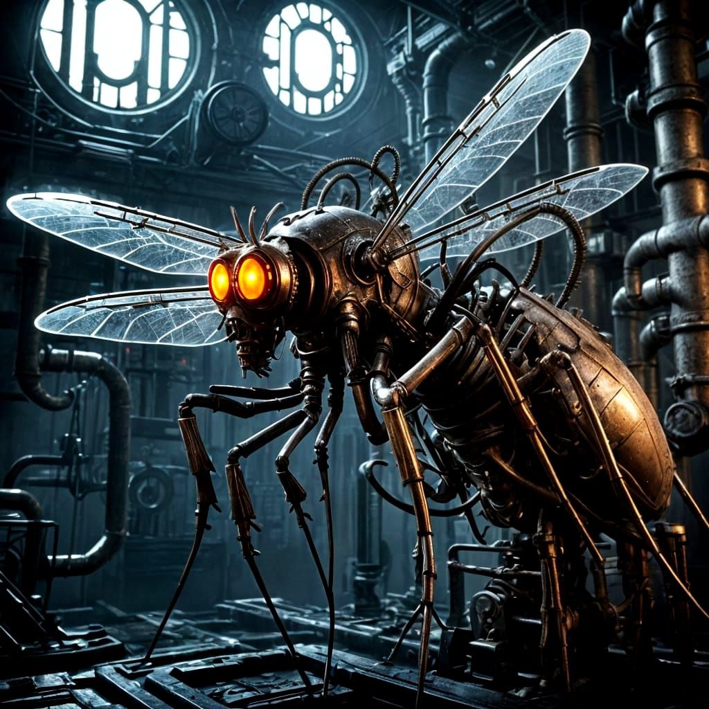 Biomechanical Mosquito in Grimy Industrial Alleyway
