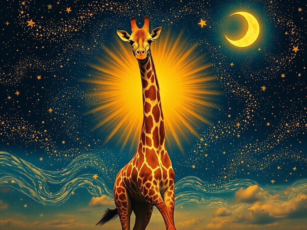 Cosmic Giraffes Illuminated by Van Gogh's Starry Night