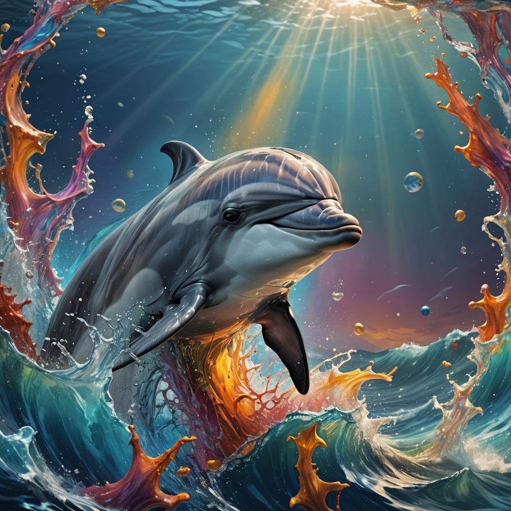 Hyperrealistic Dolphin in a Colorful Deep Sea View