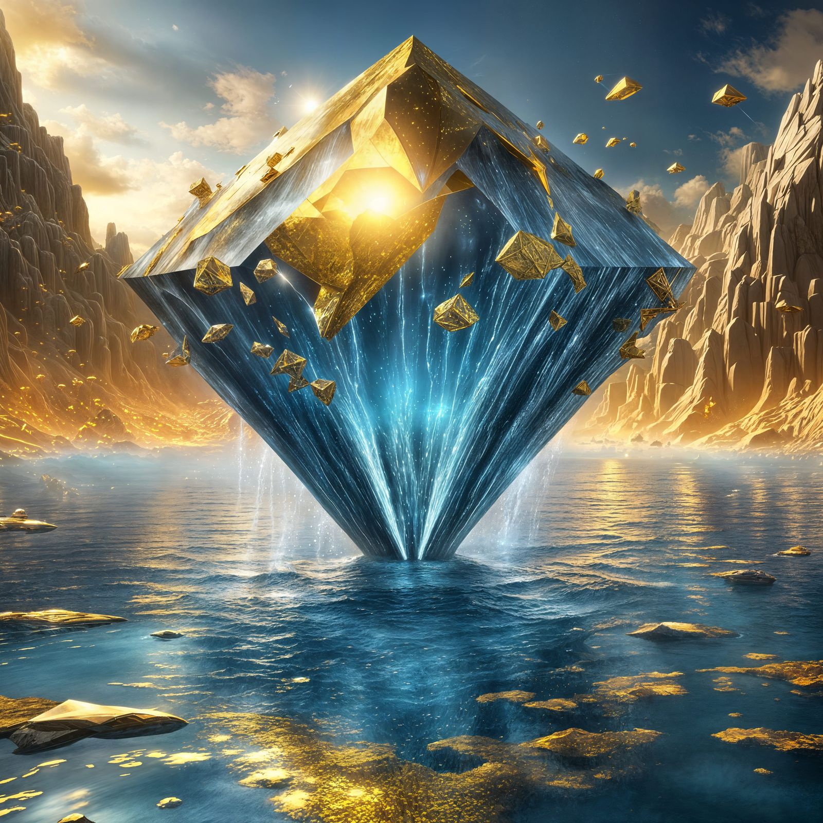 Futuristic Water Wall Between Gold and Silver Seas