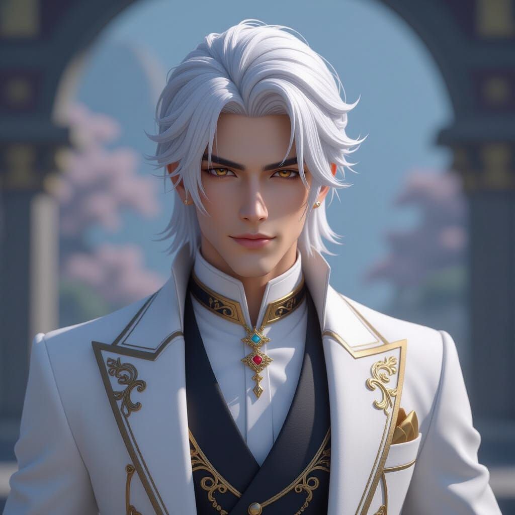 Heroic White-Haired Man in Elegant 3D Anime Style