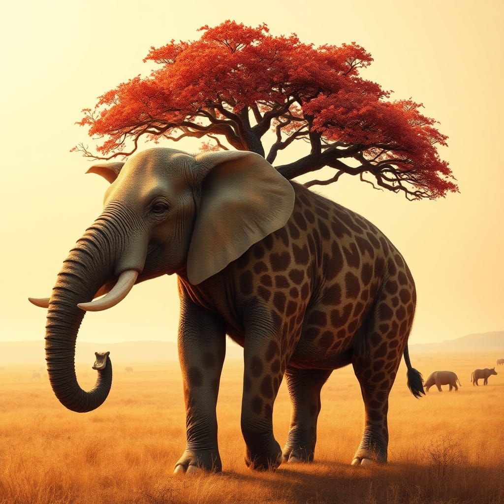 Elephant-Giraffe-Pig Hybrid with Trees, Fantastical Art