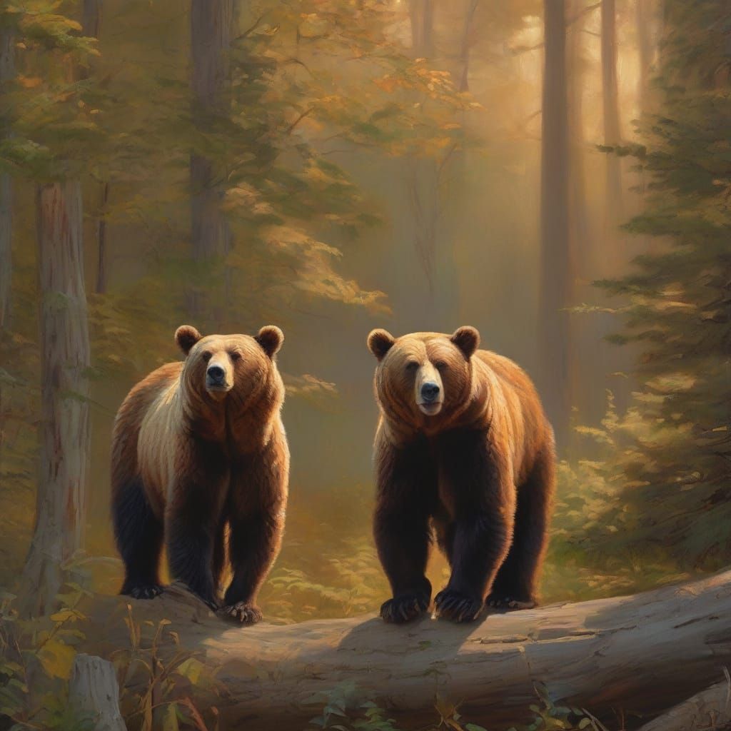 Three Majestic Bears Captured in Golden Hour Oil Painting