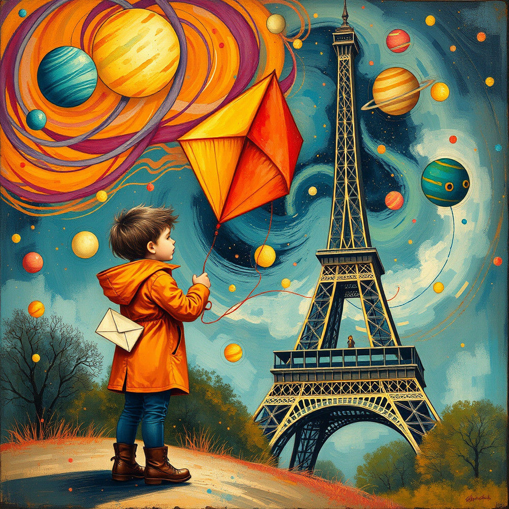 A Child's Cosmic Dream: Kite Flying by the Eiffel Tower
