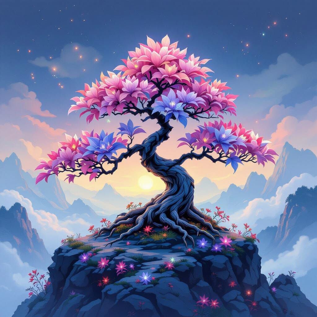 Dragon Root Bonsai Tree on Misty Peak, Gouache Painting