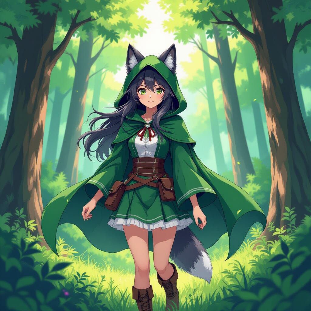 Wolf Girl in Vibrant Anime Forest