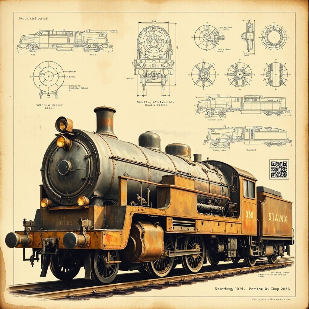 Dieselpunk Locomotive with Vintage Schematics