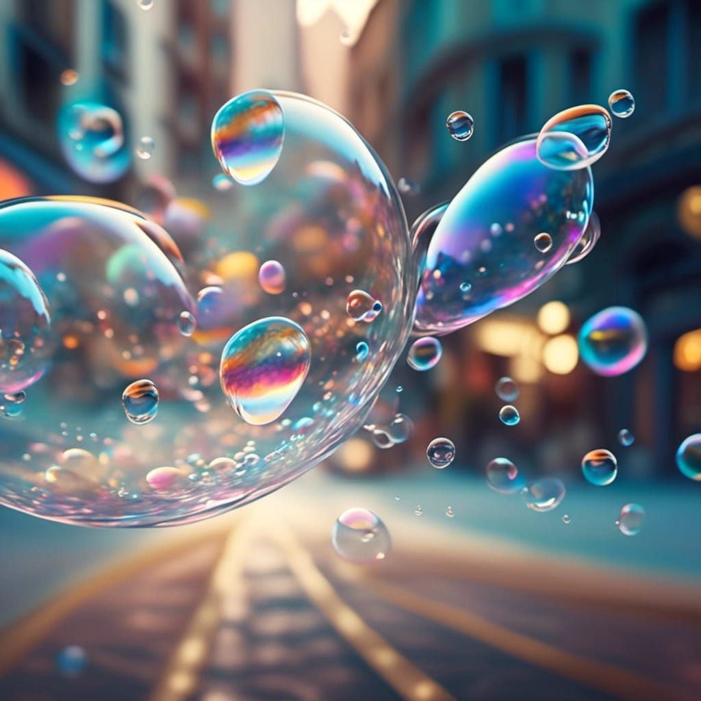 Iridescent Soap Bubbles Float Above City