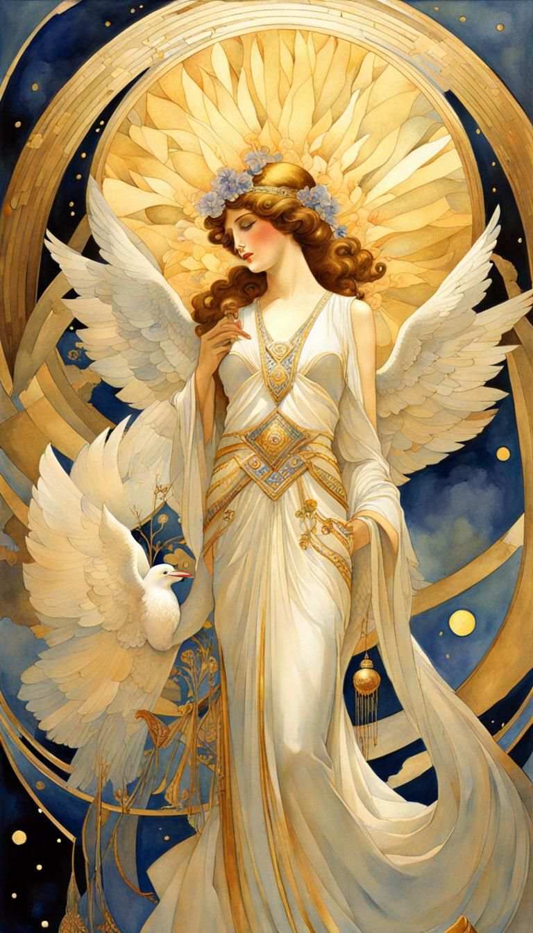 Art Deco Angel with Dove in Watercolor Style