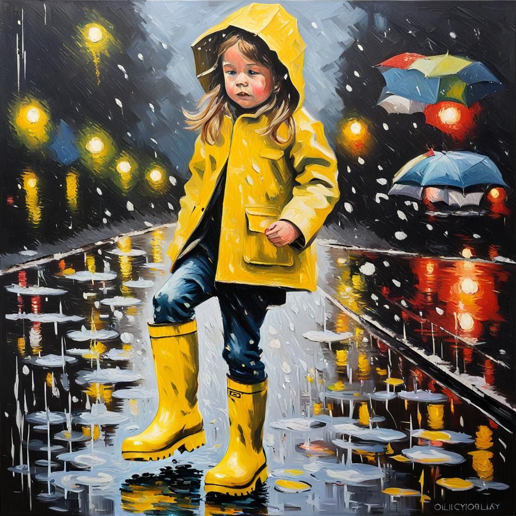 Girl Splashing in Puddles on Rainy Day: Expressionist Style