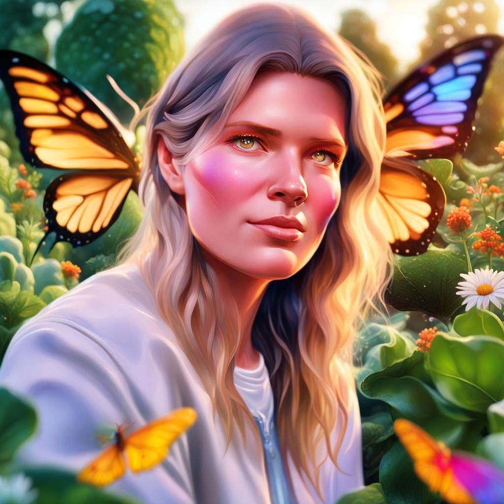 Vibrant Garden Scene with Sportive Woman in Futuristic Style