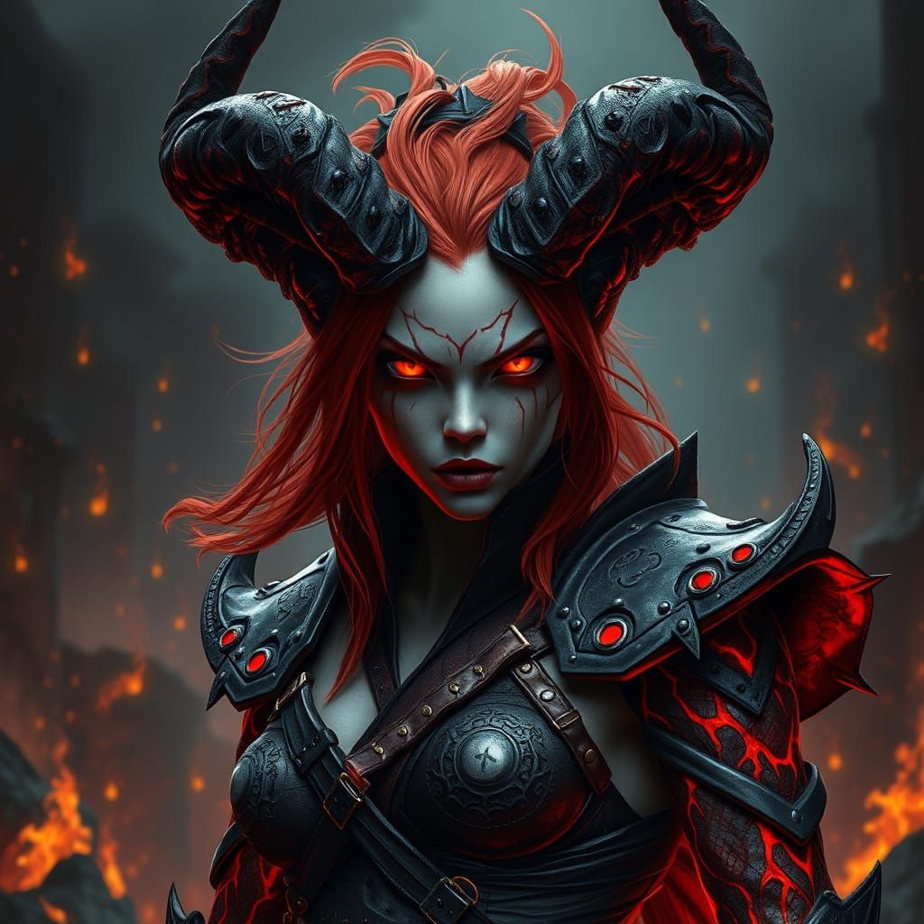 Dark Fantasy Female Warrior in Hellish Cityscape with Fiery...