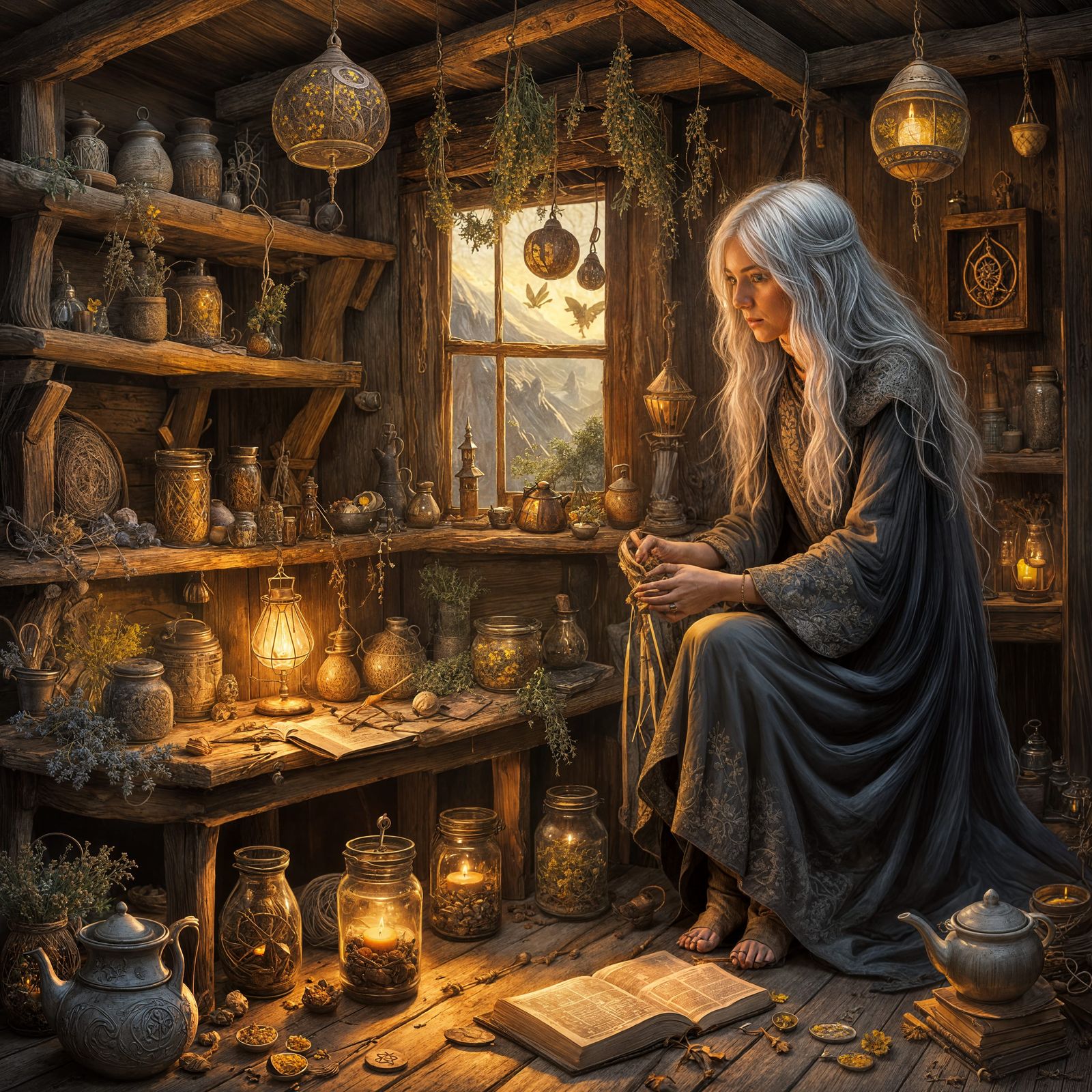 Witch's Workspace with Ethereal Spirit, Impasto Painting