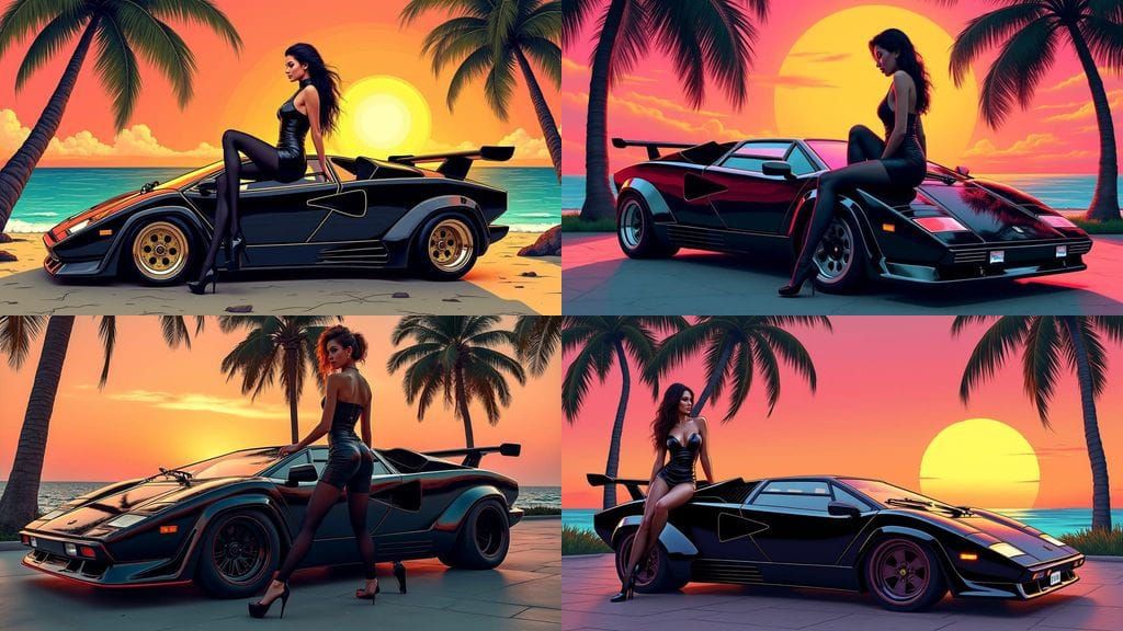 Miami Vice Sunset: Lamborghini with Woman in Pop Art