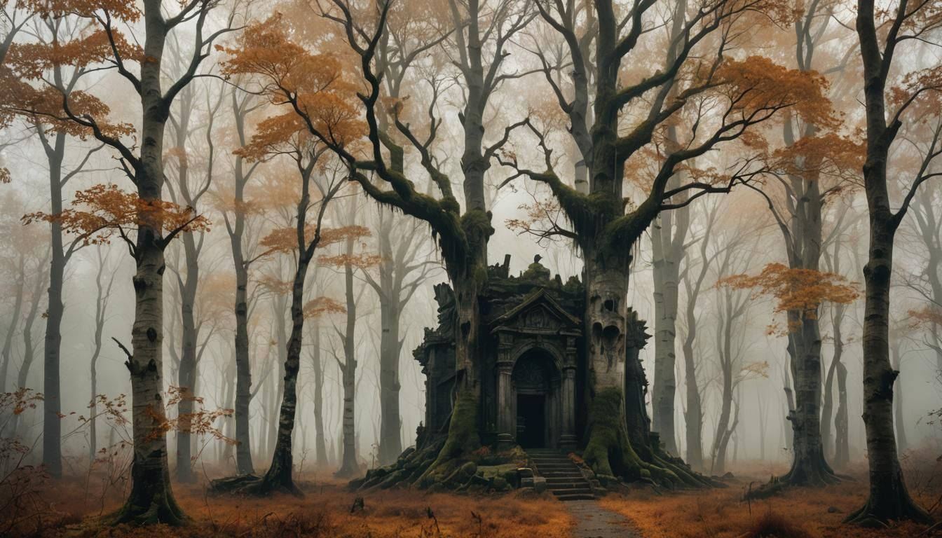 Mysterious Forest Path to Ancient Ruins in Autumn