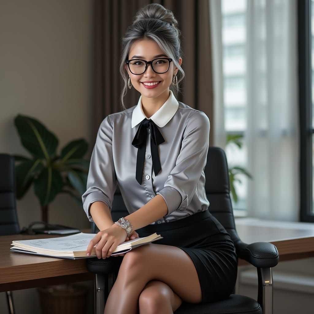 Confident Chinese Secretary Posed at Office Desk