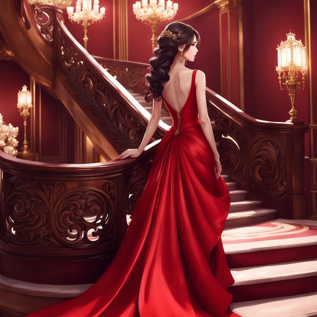 Elegant Woman in Red Gown, 3D Anime Art
