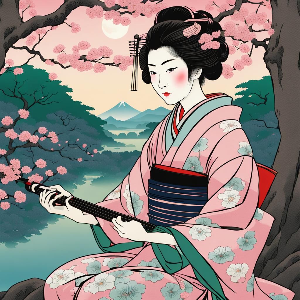 Geisha Playing Shamisen in Ukiyo-e Style