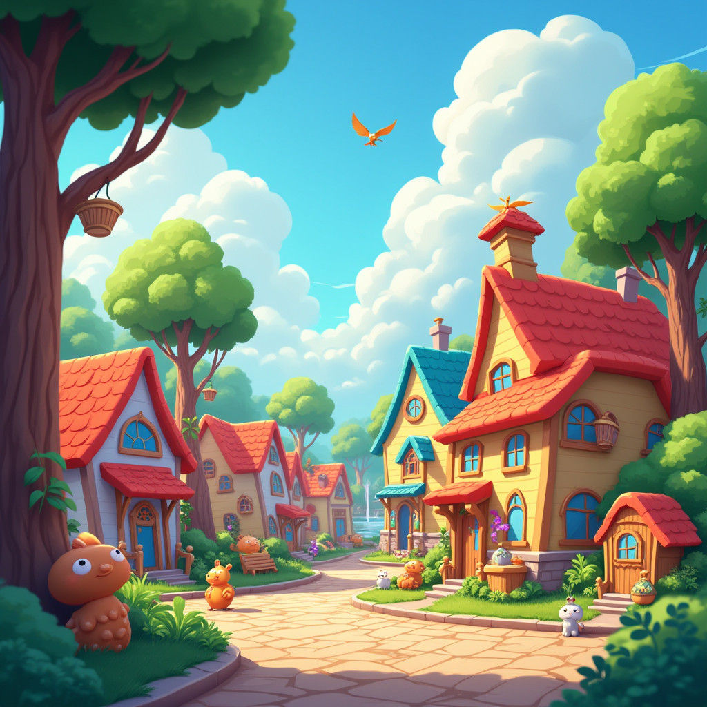 Whimsical Cartoon Town with Cheerful Characters