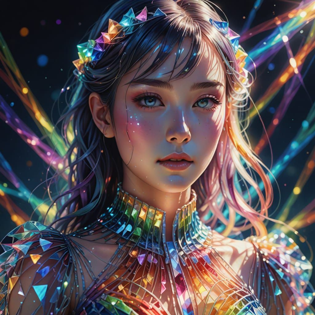 Anime Woman in Crystal Dress with Rainbow Refraction