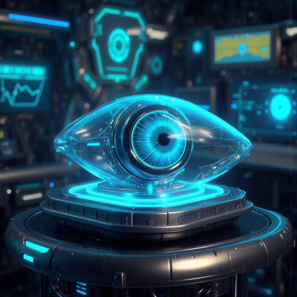 Cybernetic Eye on Display in Futuristic Laboratory