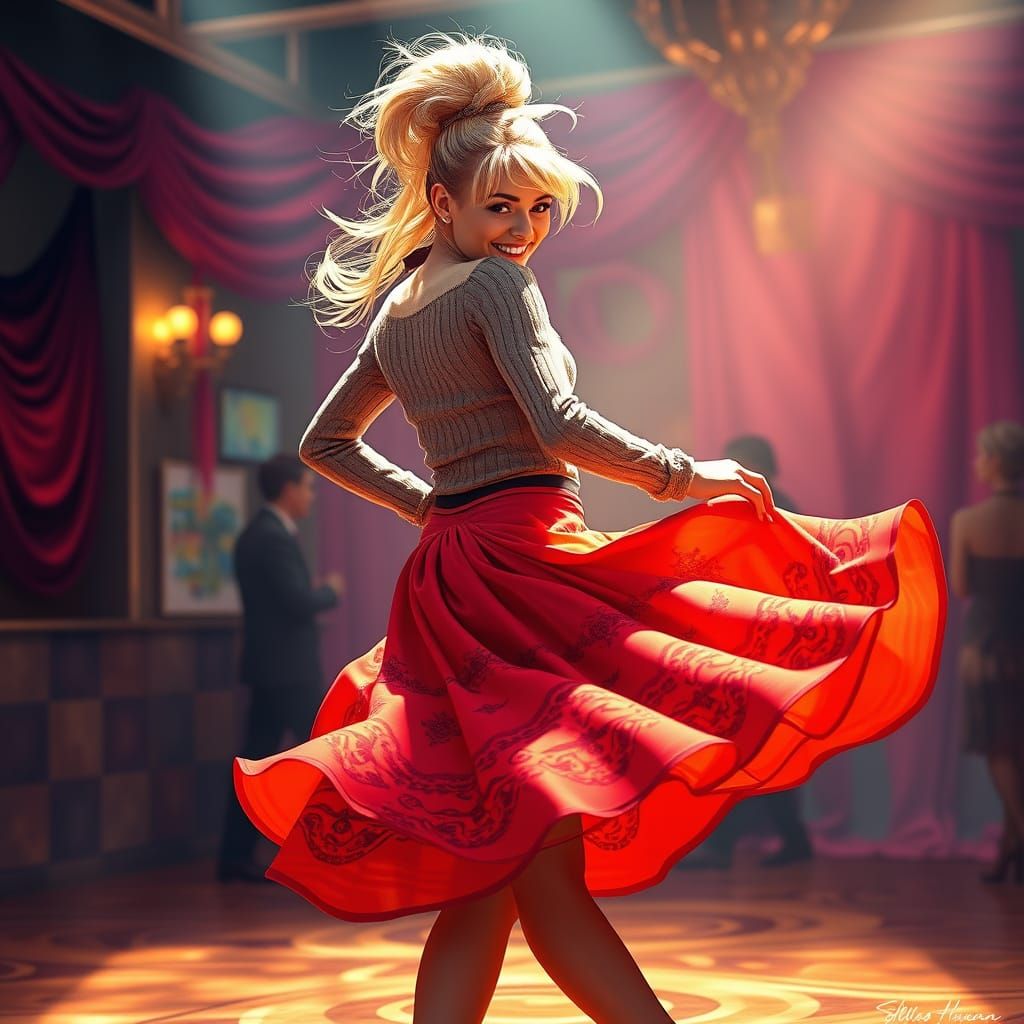 Vibrant Blond Woman Twirling on a Dynamic Dance Floor