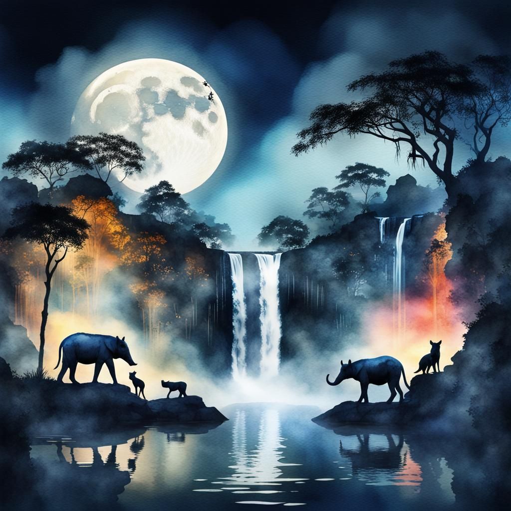 Thai Animals at Waterfall: Watercolor Double Exposure