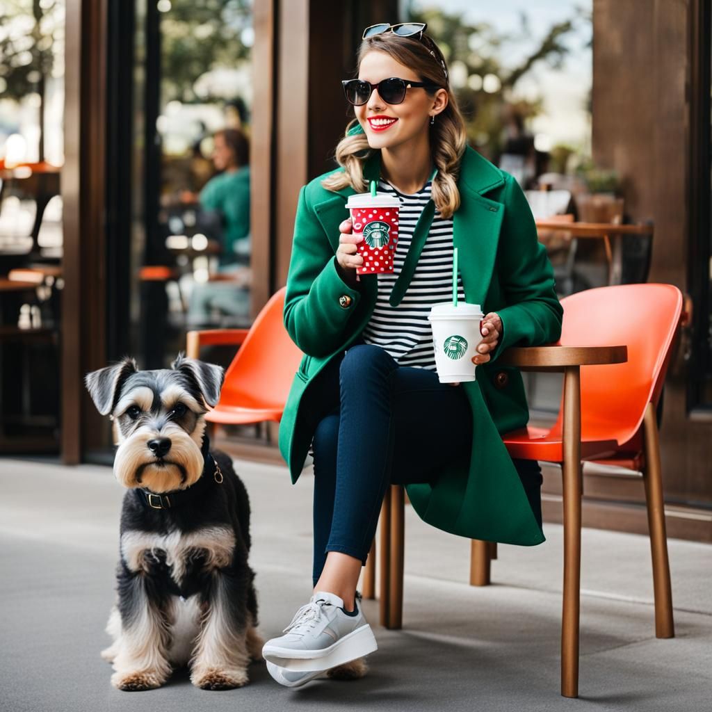 Preppy Girl at Starbucks with Schnauzer