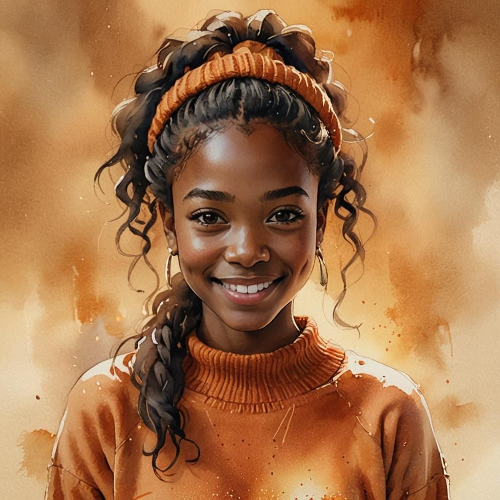 Watercolor Portrait of a Smiling Ebony Girl