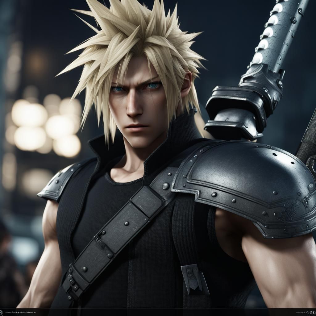 Cloud Wields Buster Sword in Vibrant Fantasy Cityscape