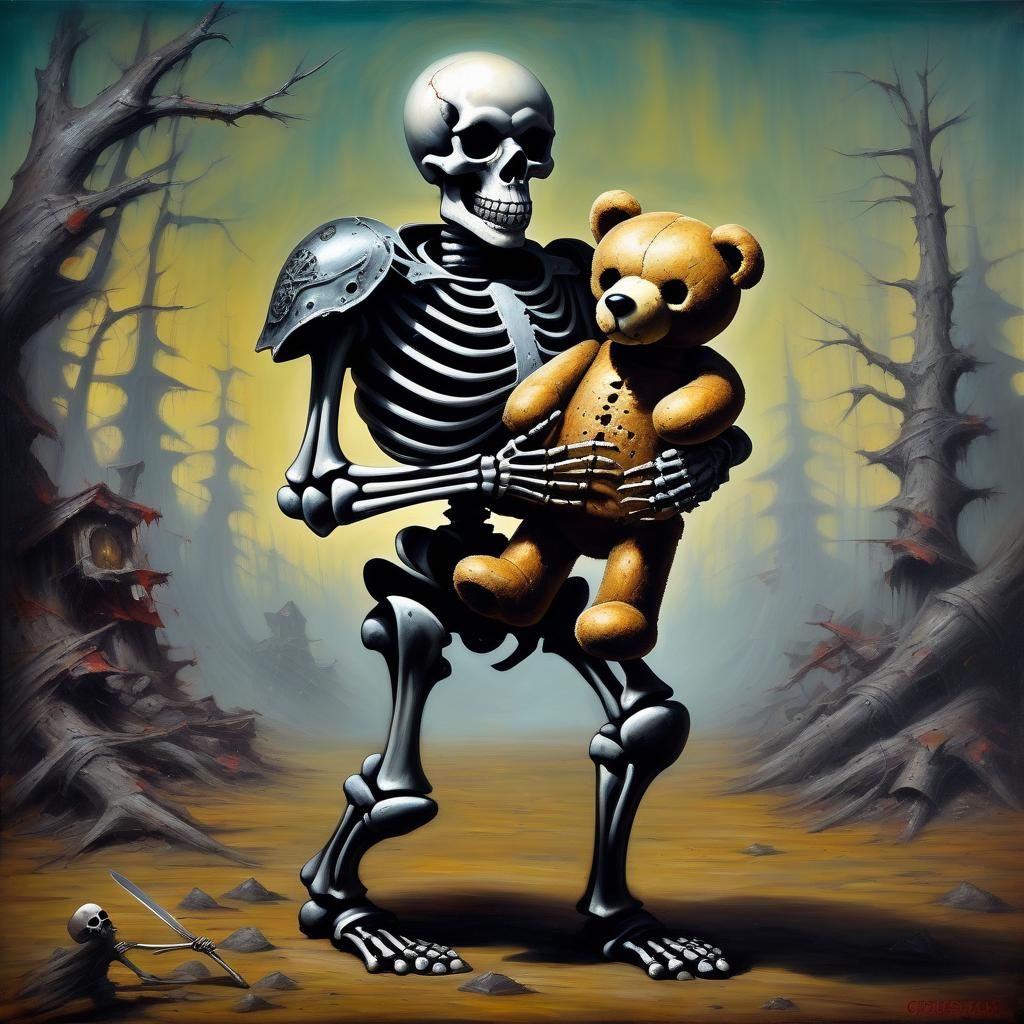 Surreal Horror: Skeleton Warrior and Teddy Bear