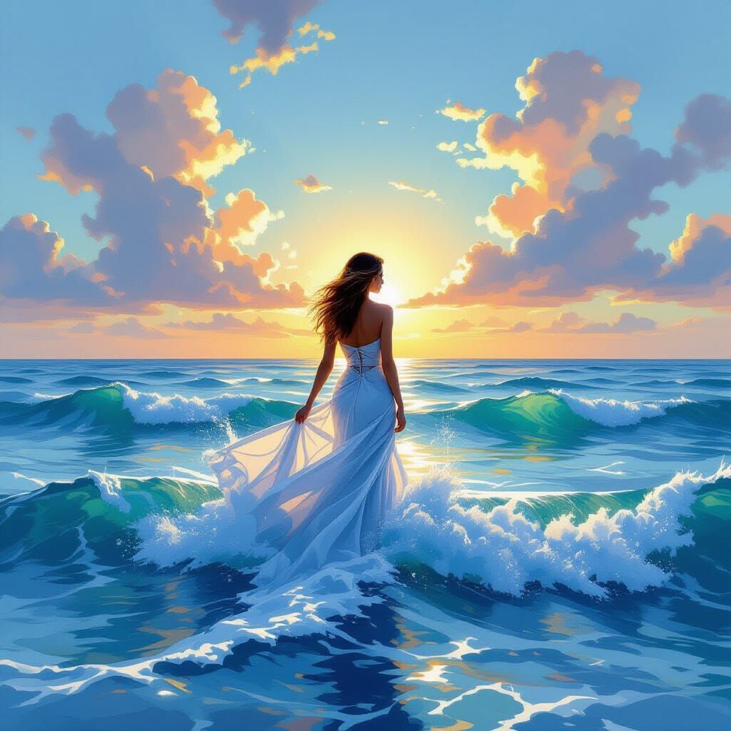 Woman on Waves Painting: Serene Ocean Dreamscape
