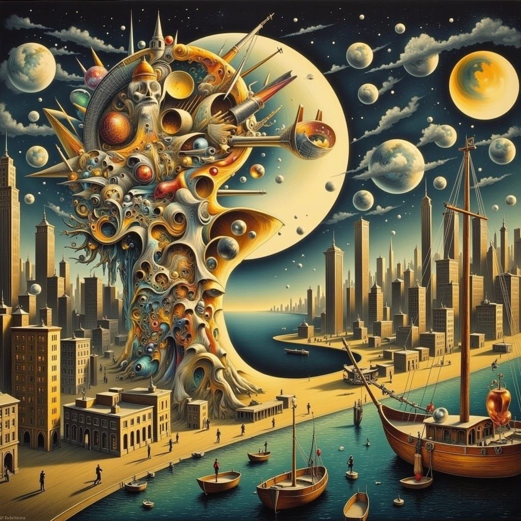 Surreal Cityscape Oil Painting in Guttman Style