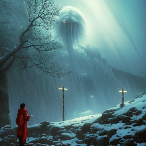 Yukionna and Doomed Traveler in Mountain Snowstorm