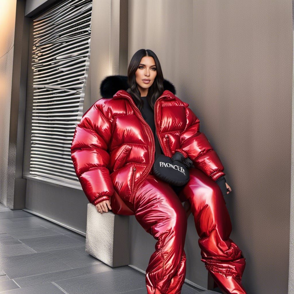 Woman in Oversized Red Puffer Jacket, Hyperrealistic Style