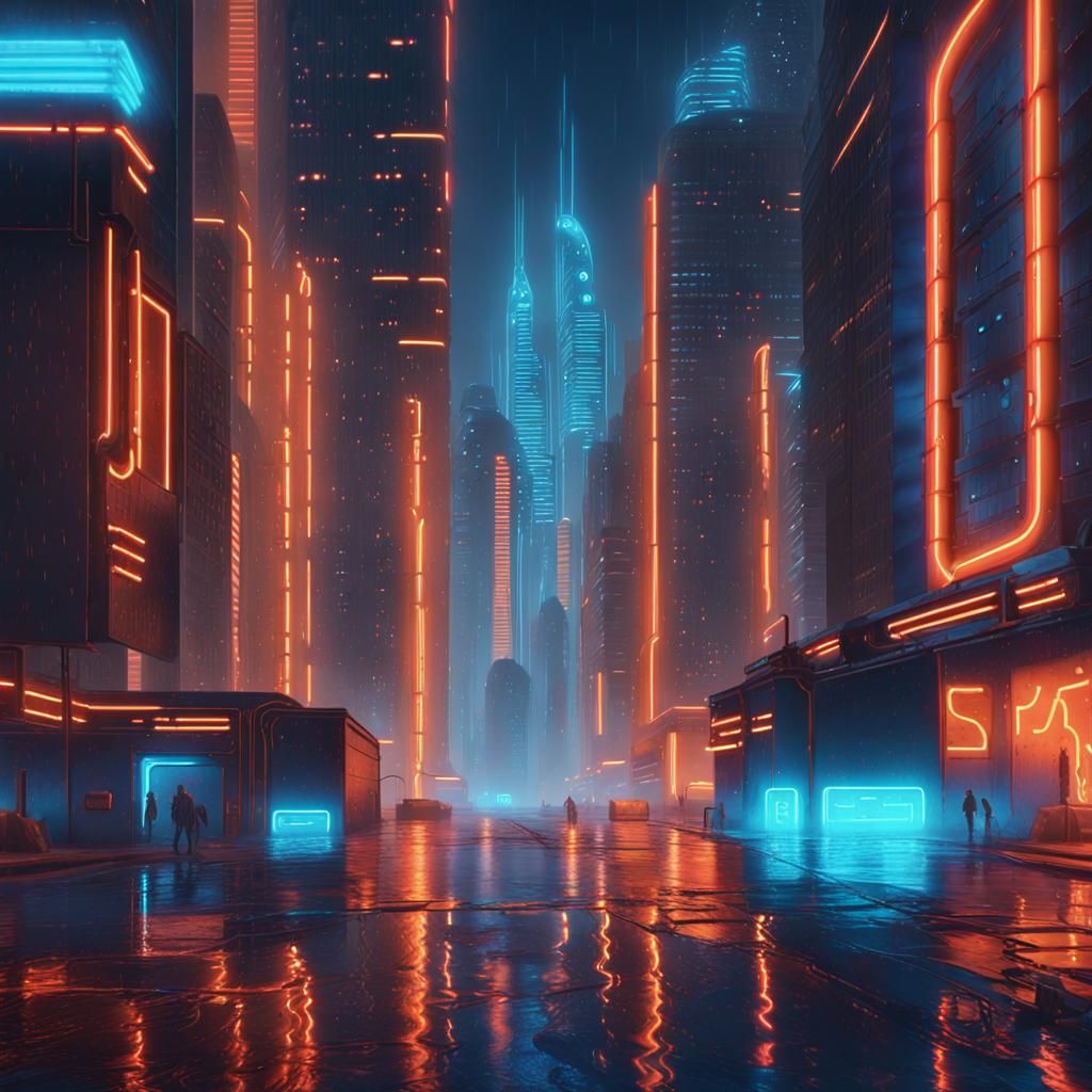 Futuristic Cityscape with Neon Lights in Digital Art Style