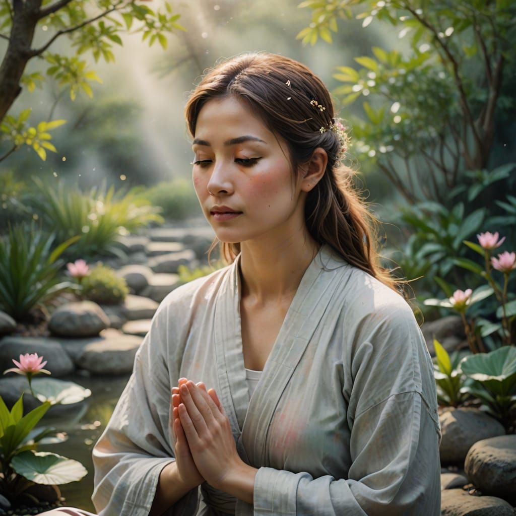 Woman Meditating in Zen Garden as Romantic Watercolor