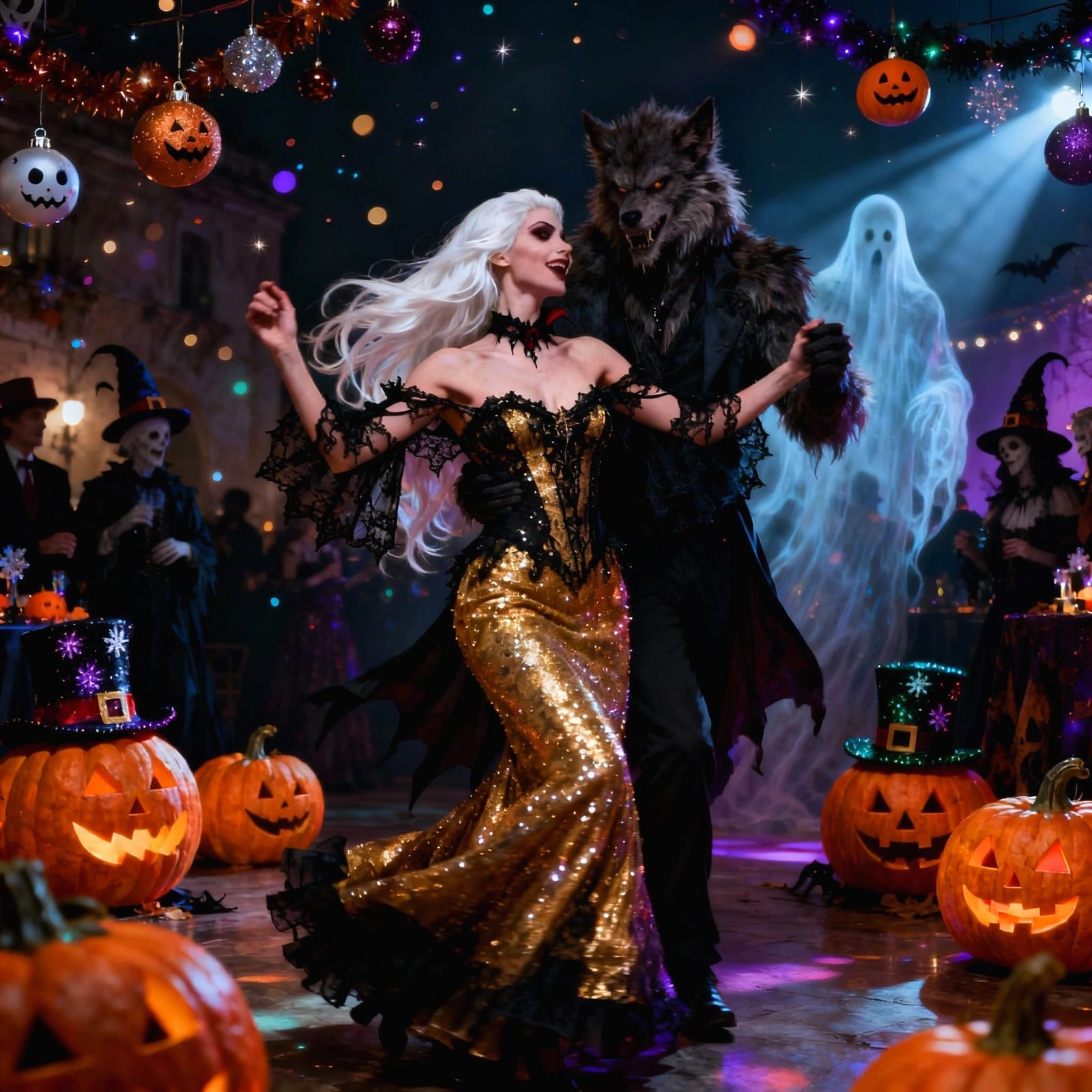 Vampiress and Werewolf at Halloween New Year Party