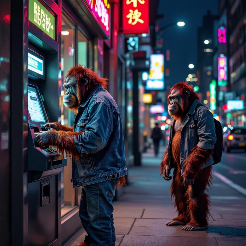 Orangutan at ATM in Futuristic Cityscape