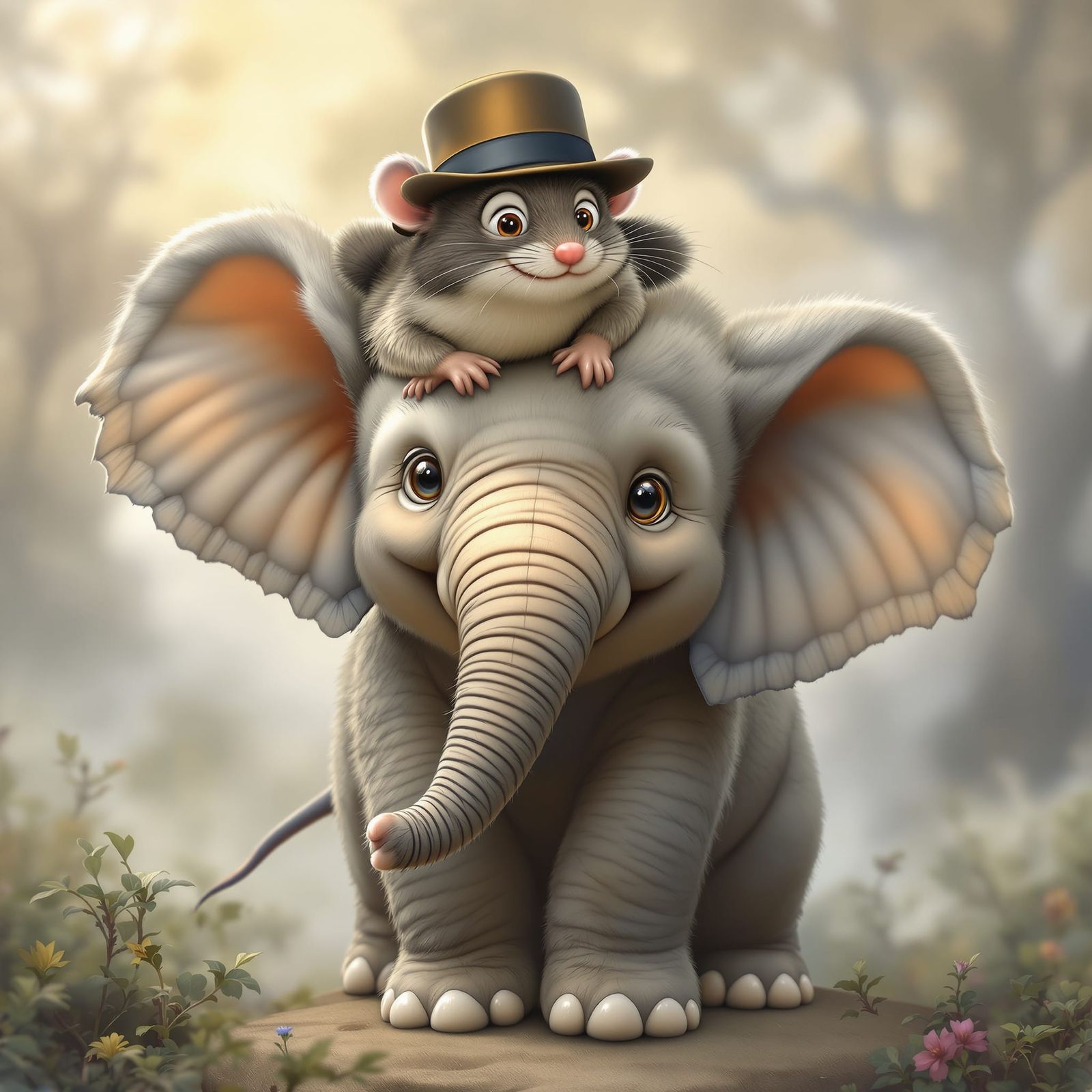 Child Elephant Balances Mouse in Fantasy Landscape