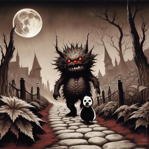 Dark Fantasy Creature Walks to Moon in Risograph Style