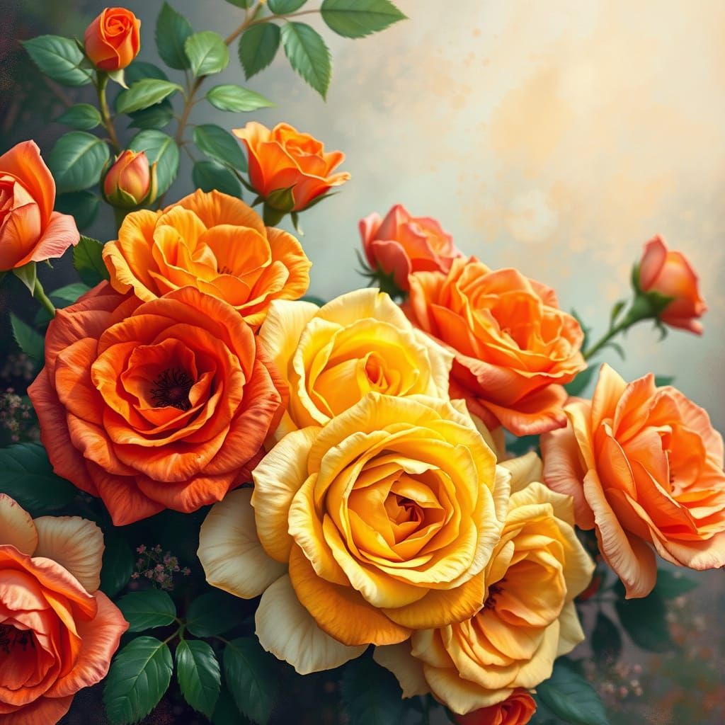 Vibrant Roses in Whimsical Botanical Style