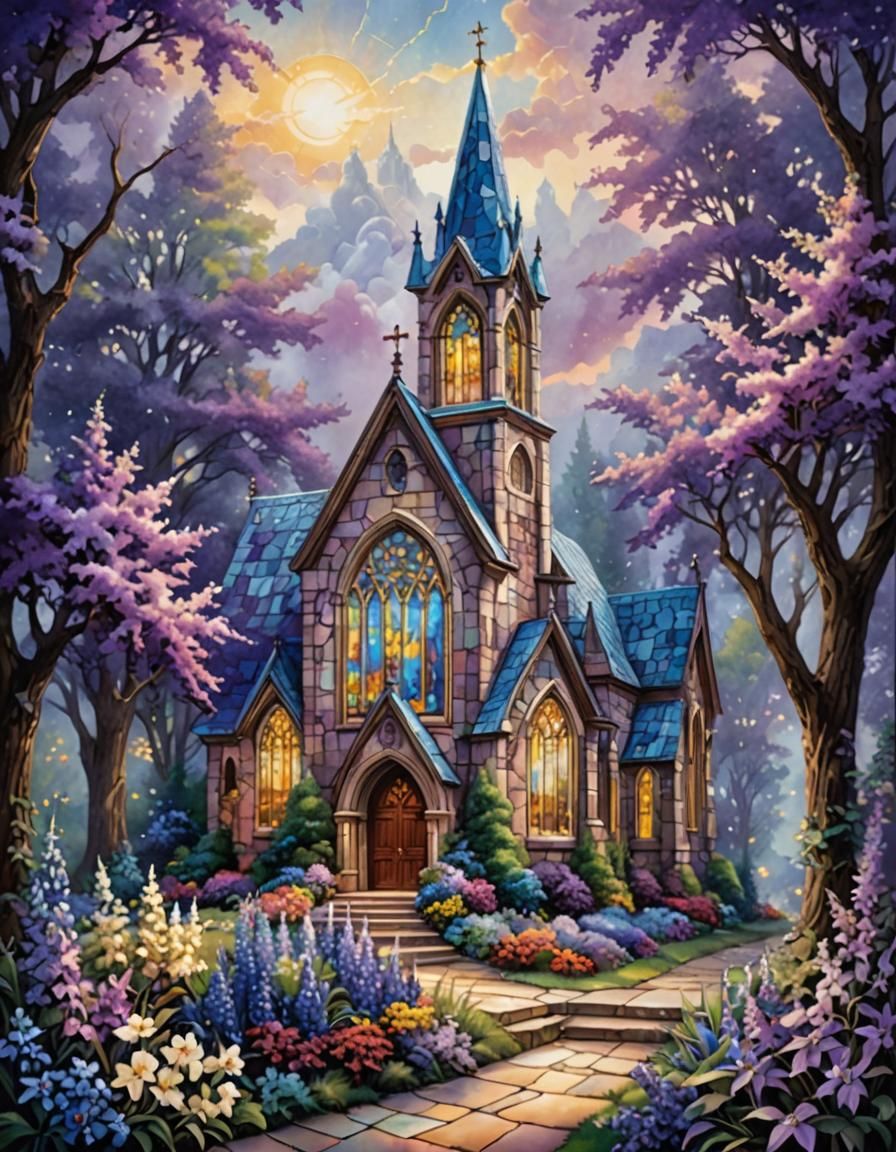 Ethereal Stained Glass Altar with Larkspur Flowers