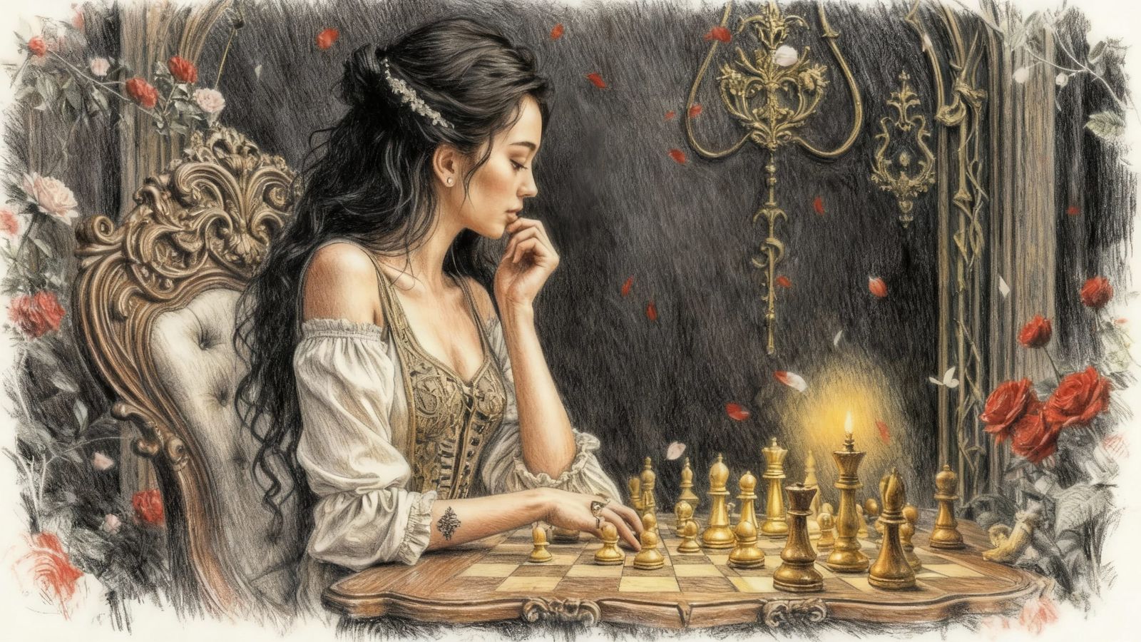 Chess Queen Transformed by Charcoal and Brush Strokes