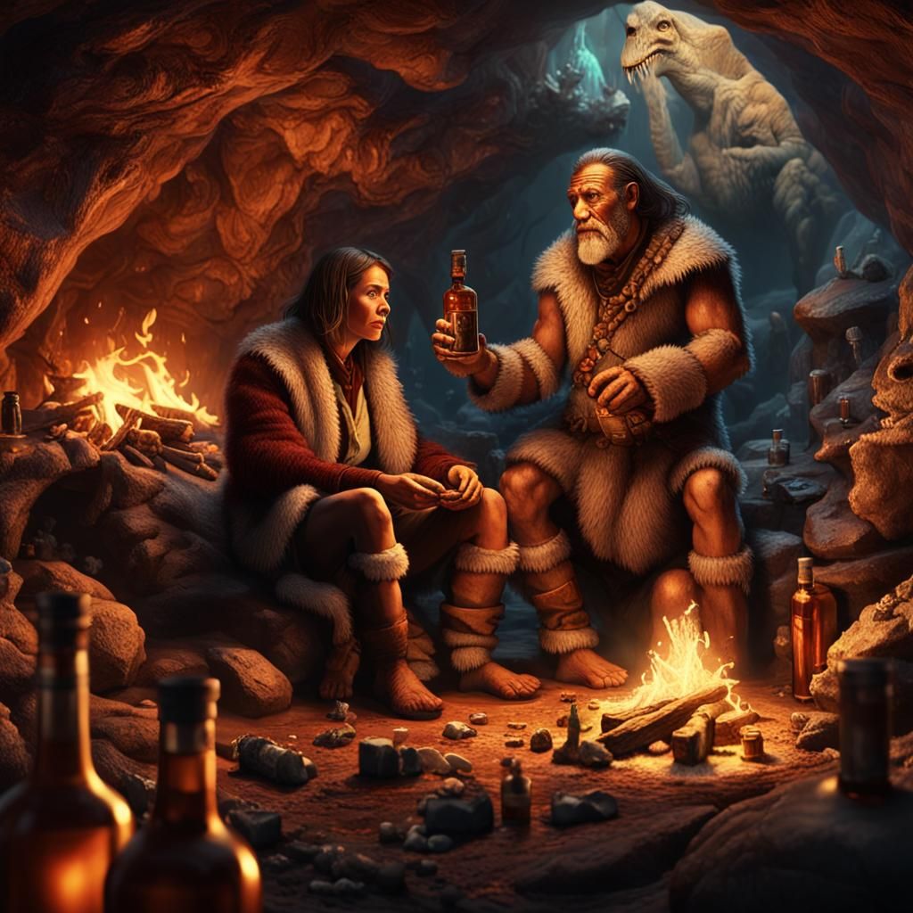 Neanderthals Enjoying Whisky by Firelight