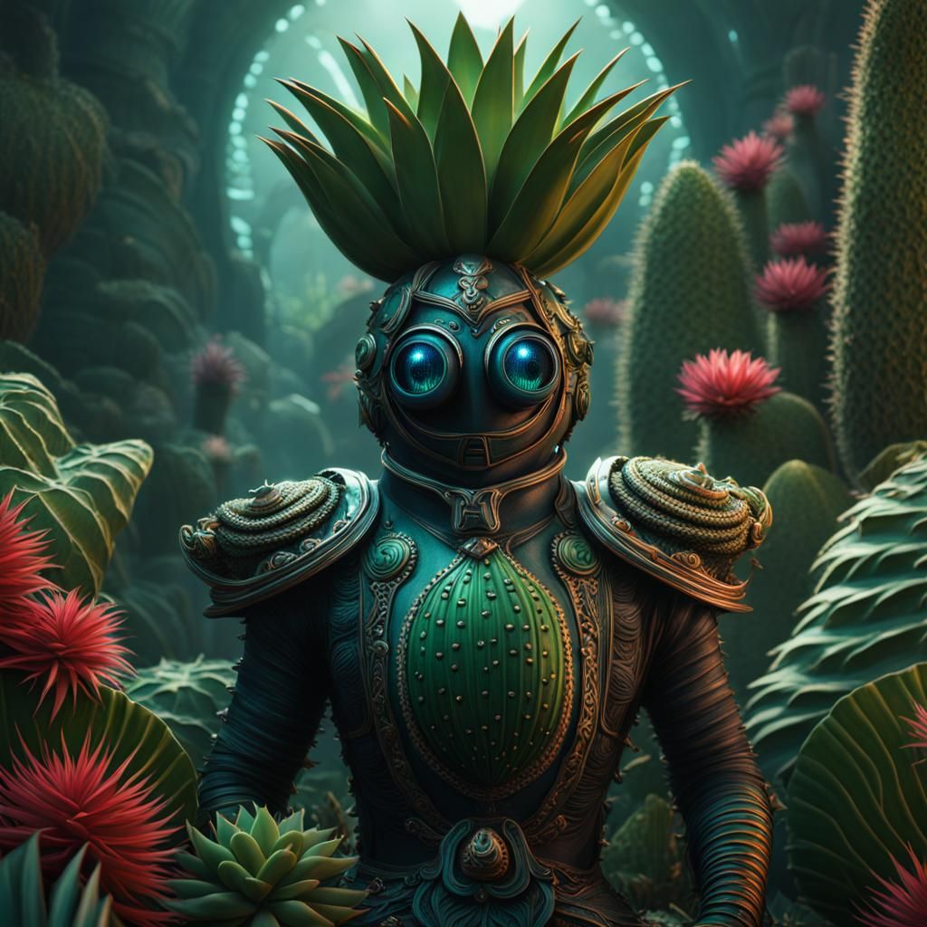 Masked Man with Six Eyes Among Cacti