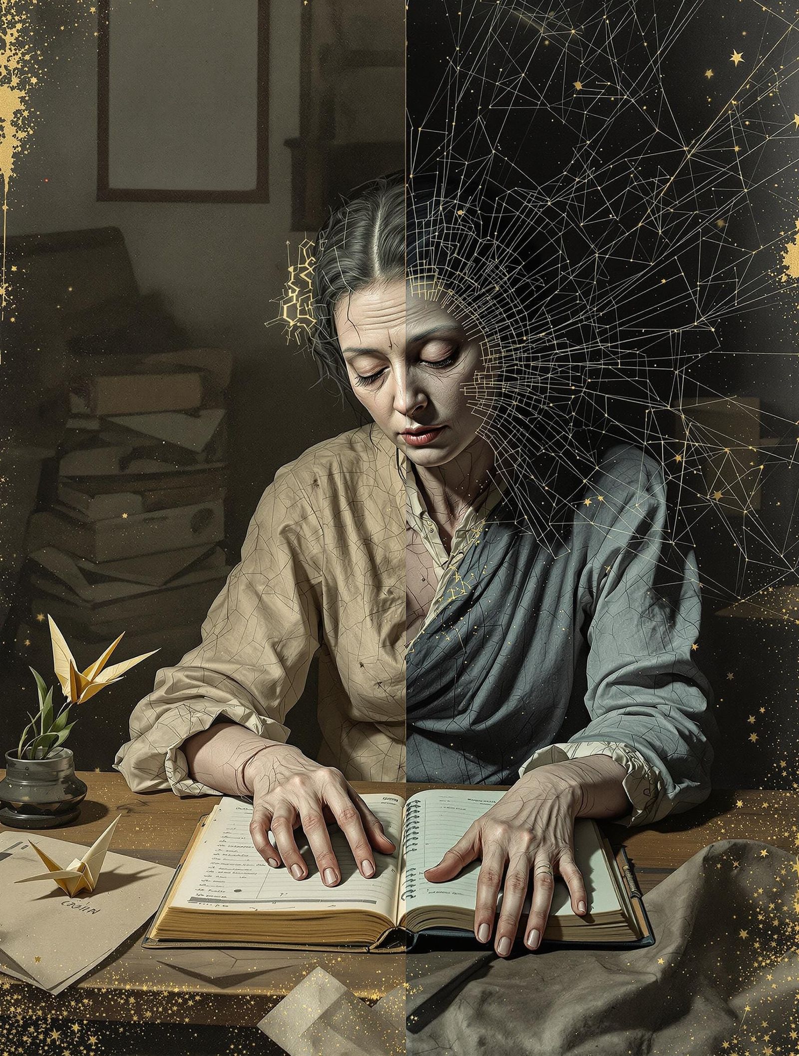 Korean Archivist Collapsed at Desk in Digital Fresco Style