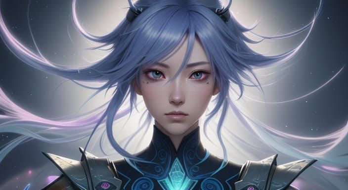 Mystical Anime Warrior Poses in Vibrant Futuristic Landscape