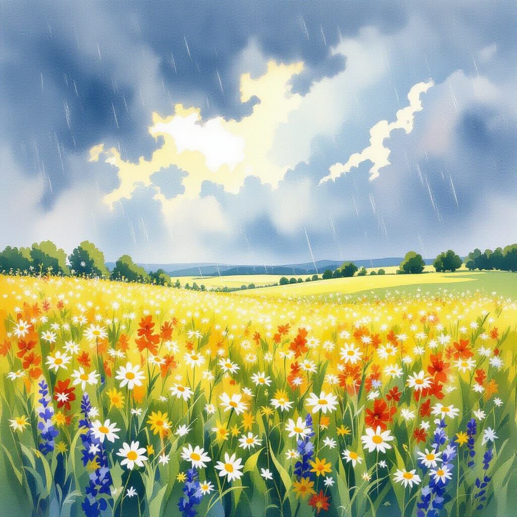 Watercolor Field of Wildflowers in Summer Rain