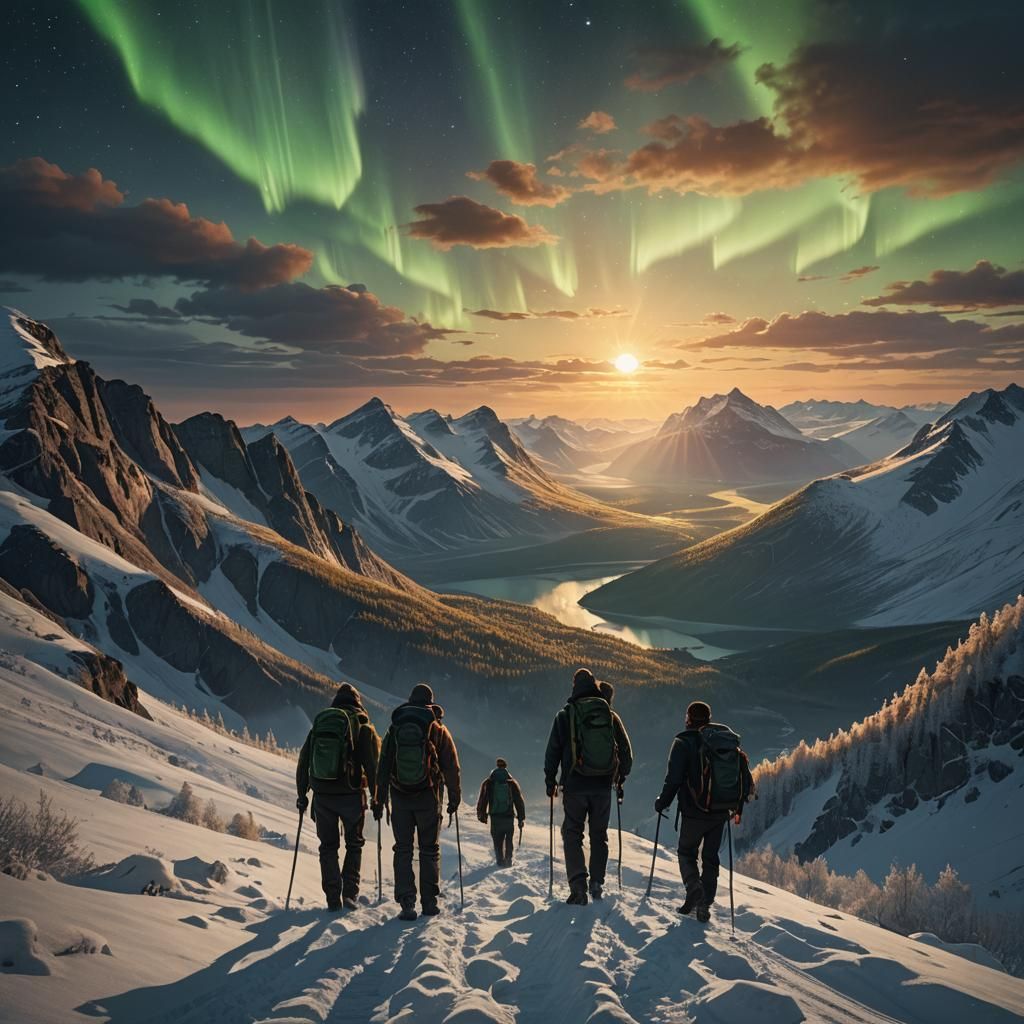 Hikers Climb Mountain Under Northern Lights